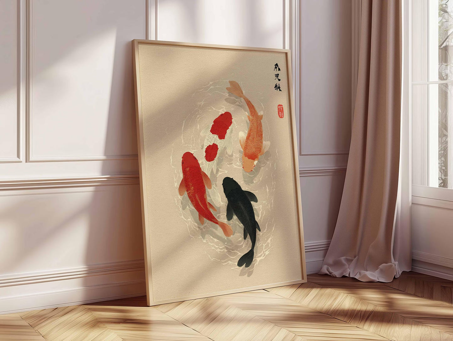Japanese Koi Fish Poster, Minimalist Asian Wall Art, Zen Water Painting, Japandi Decor