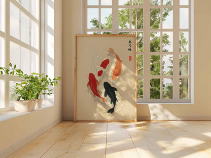 Japanese Koi Fish Poster, Minimalist Asian Wall Art, Zen Water Painting, Japandi Decor