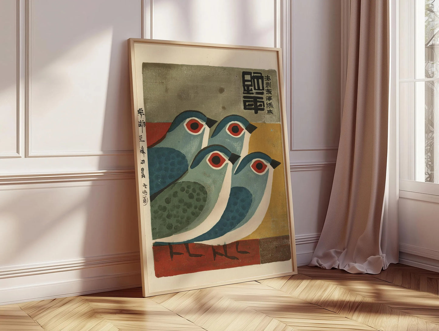 Mid-Century Japanese Bird Art Print, Retro Blue Bird Poster, Minimalist Animal Illustration
