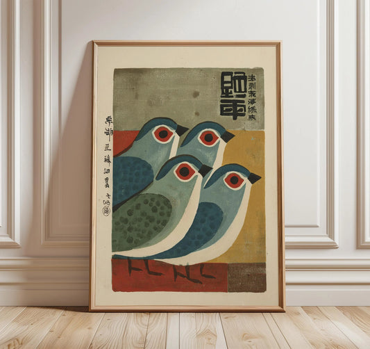 Mid-Century Japanese Bird Art Print, Retro Blue Bird Poster, Minimalist Animal Illustration